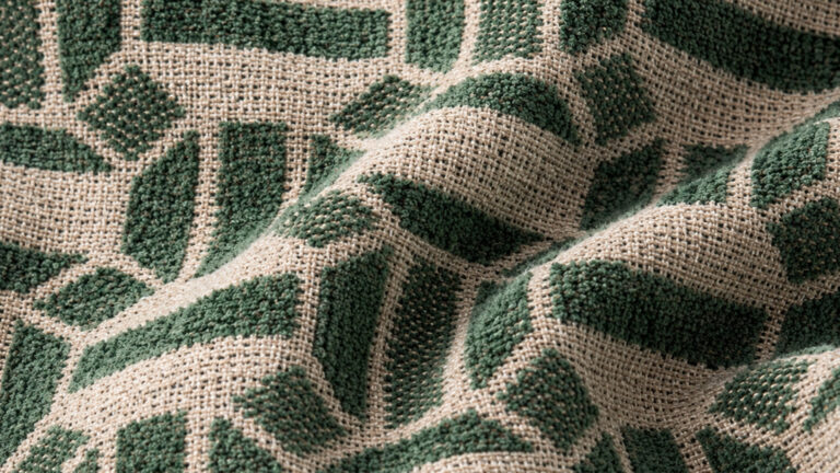Close-up of a textured beige fabric with green geometric shapes woven in, showing raised green sections and a coarse weave.