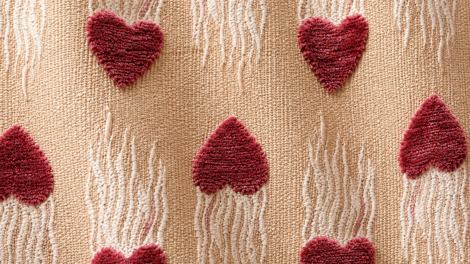 Beige woven fabric with scattered red plush heart shapes pattern on tan background.