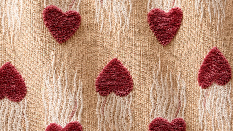 Beige woven fabric with scattered red plush heart shapes pattern on tan background.